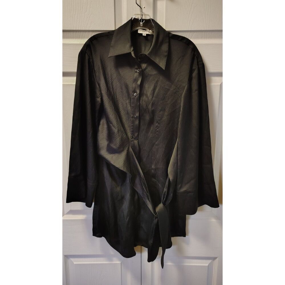 Gianni Bini Black Crinkle Satin Tie Waist Button Up Tunic Shirt Dress Size XS
